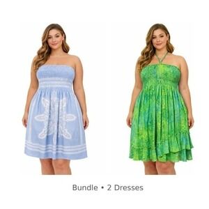 Pineapple Green Batik Halter & Blue Mandala Smocked Tube Dress Bundle Wom size L